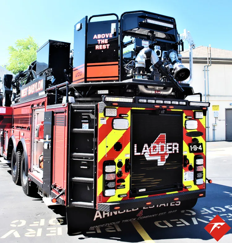 Rear view showing tower platform, rear body panel, and warning lights