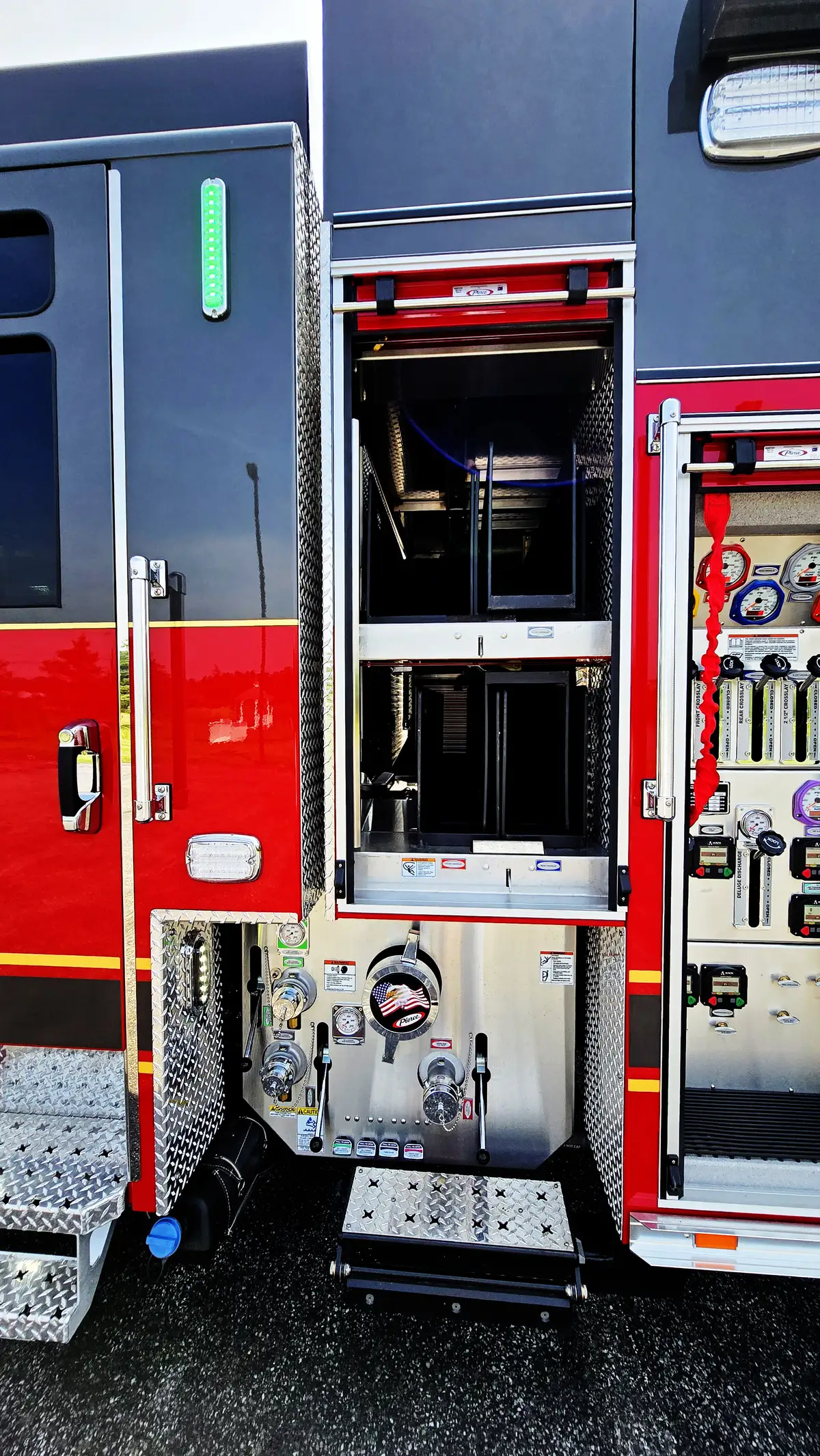 Open side pump panel showing gauges, valves, and control levers