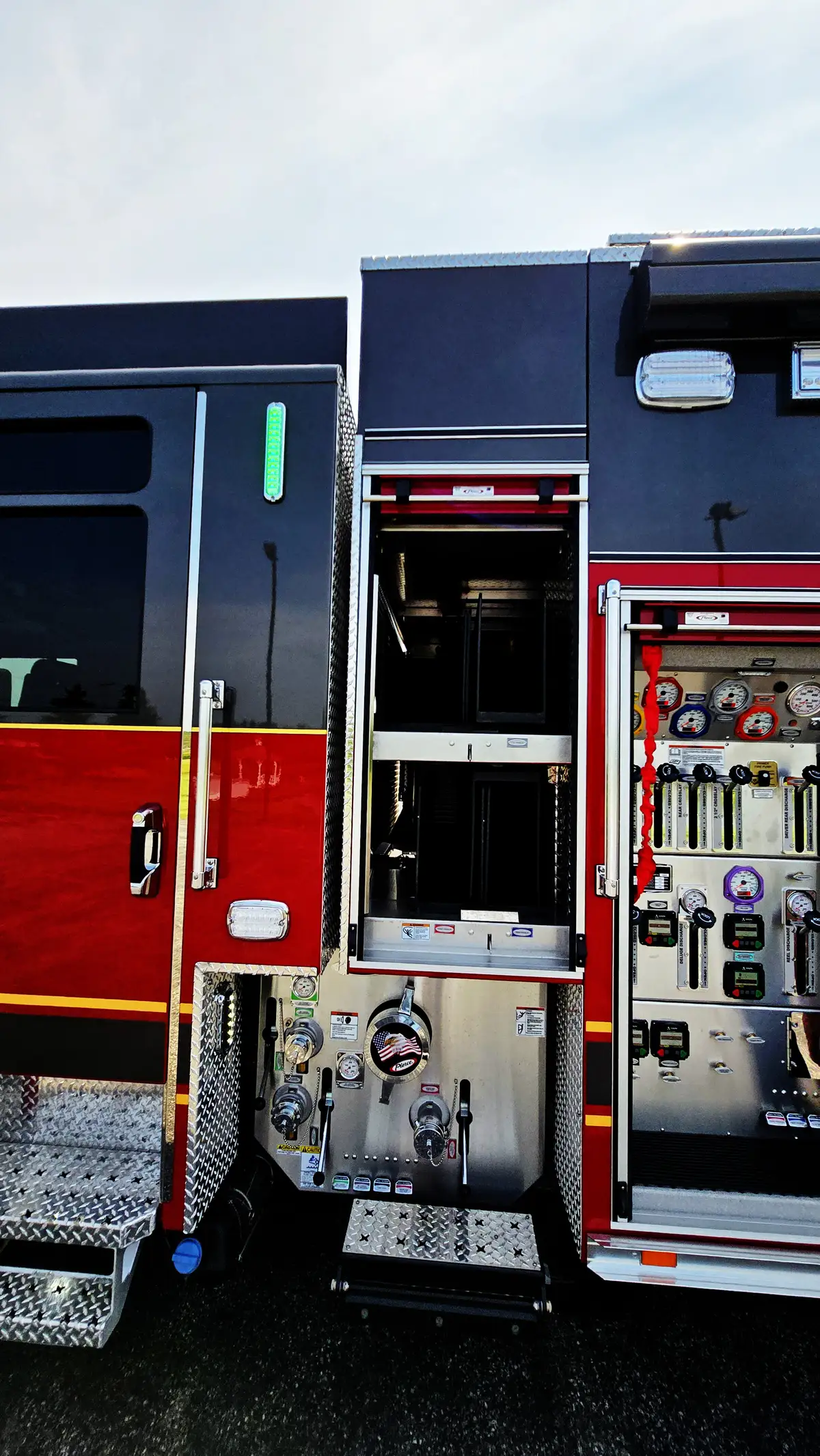 Open mid-body compartment showing shelves and pump-side connections