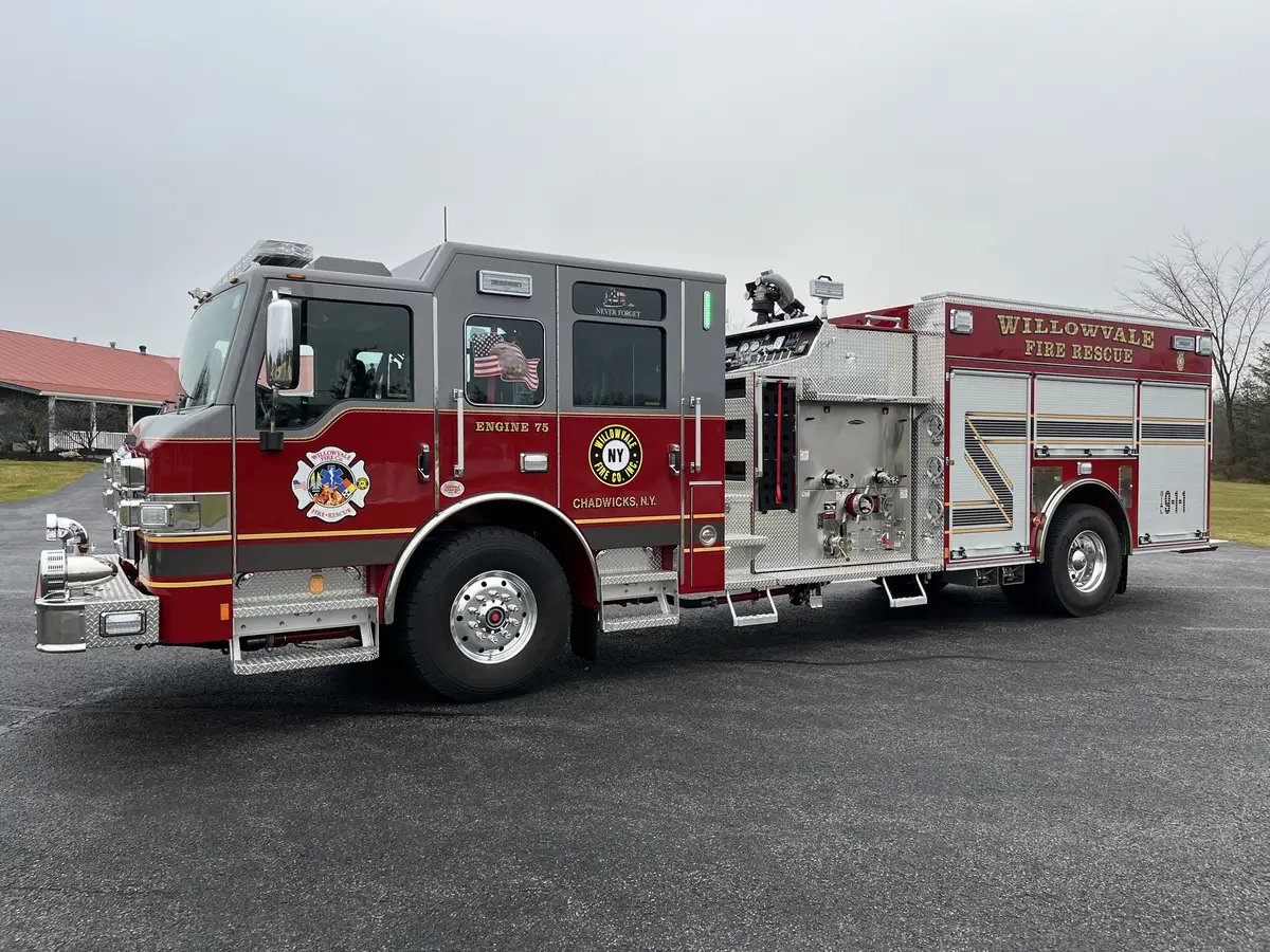 Officer-side profile view with closed compartment doors and pump panel