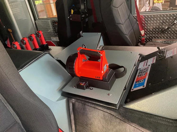 Cab interior side view showing center aisle and seat area