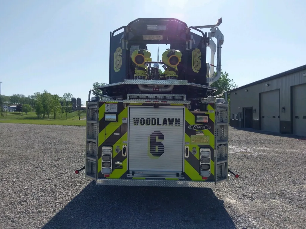 Rear view showing chevrons, rear panel, and tower platform base