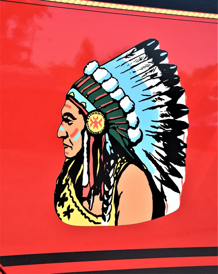 Body side graphic close-up showing profile logo on red panel